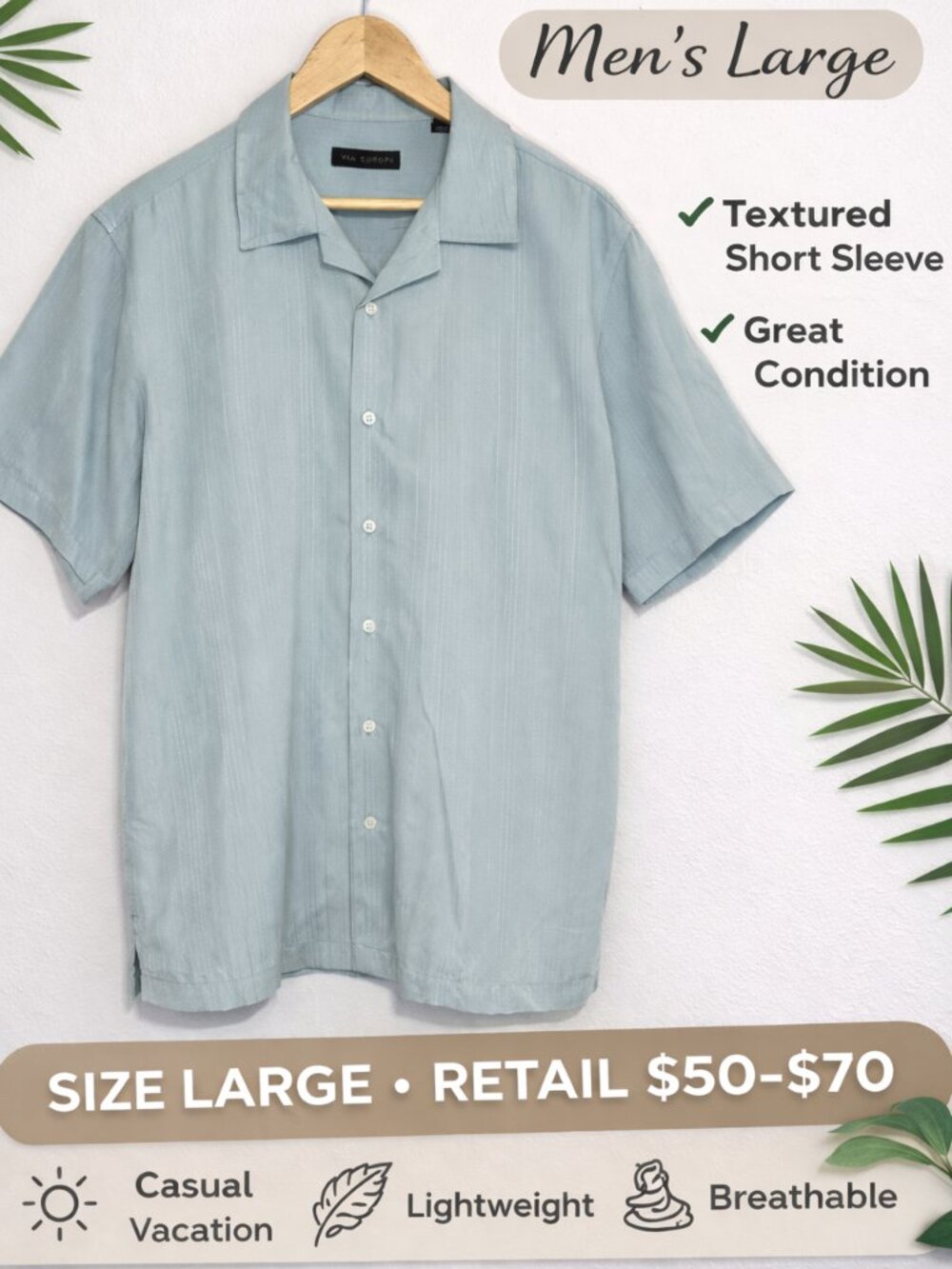 UGC VIA EUROPA Men’s Large Button-Up Shirt Short Sleeve Textured Casual Resort